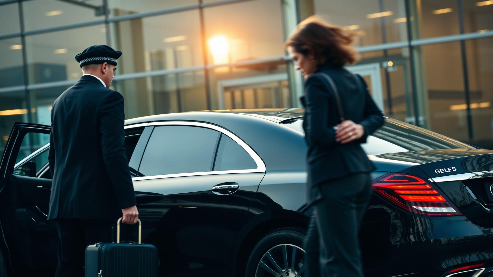 Chauffeur opening passenger door of a Mercedes S-Class at Heathrow Airport terminal