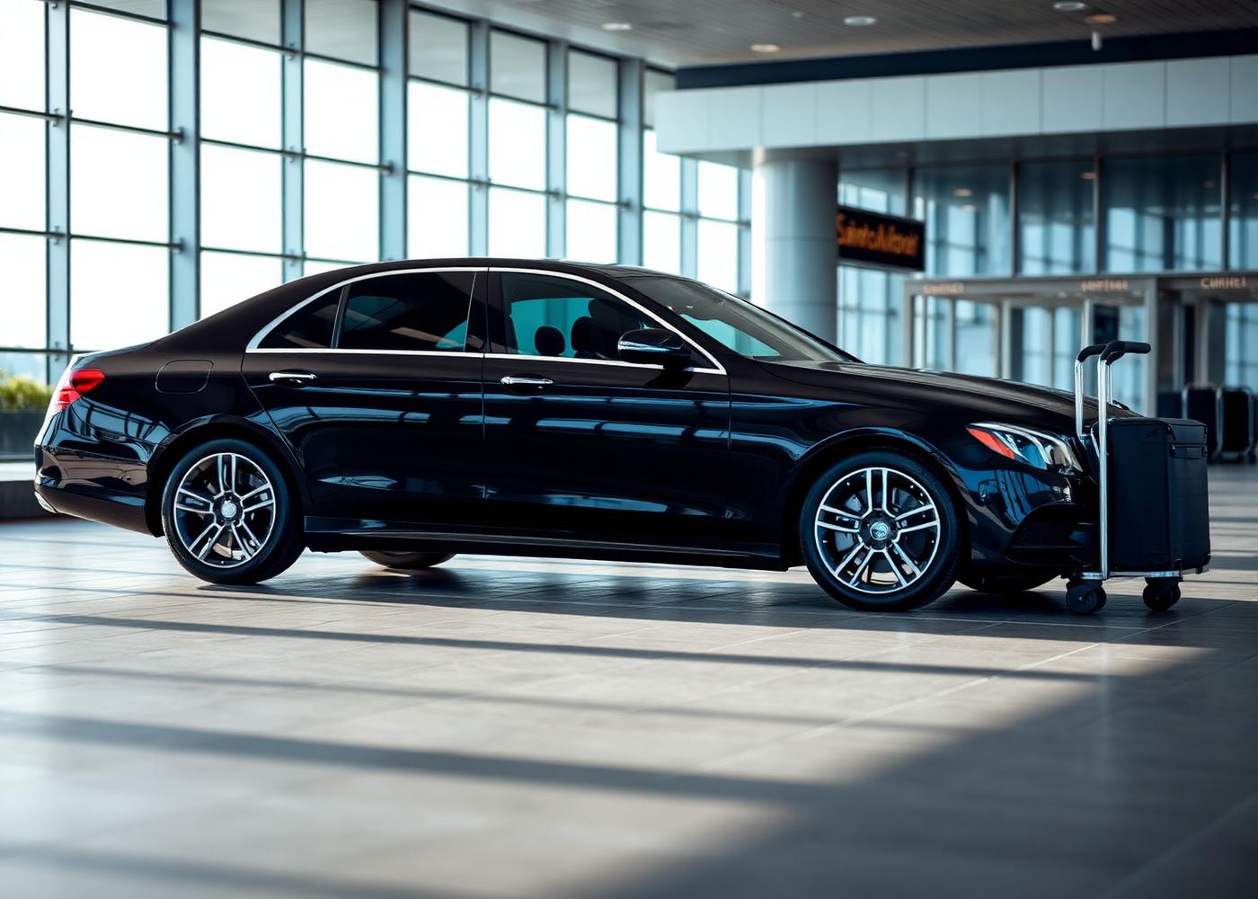 Executive black Mercedes saloon at a UK airport terminal
