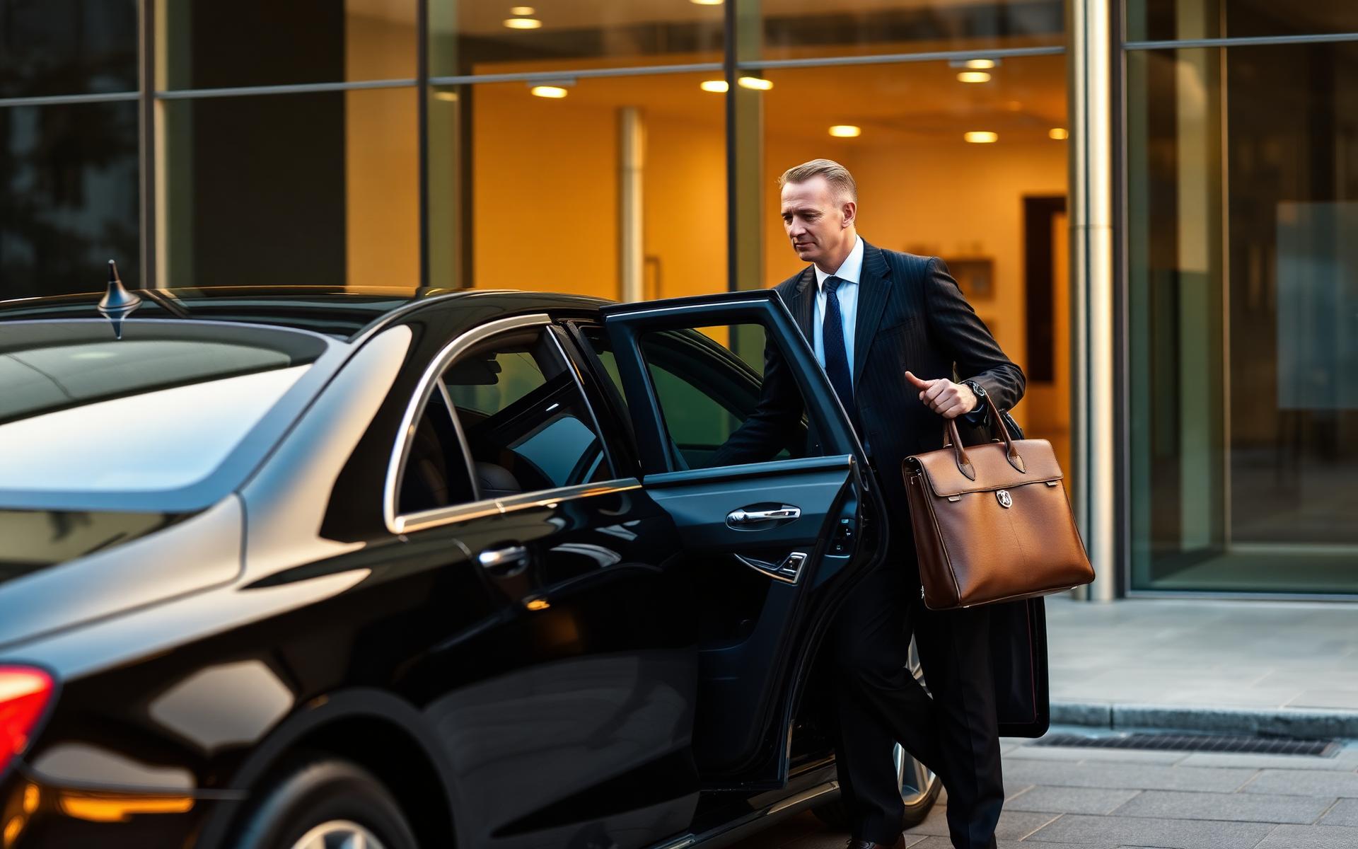 Uniformed chauffeur opening the rear door of a Mercedes S-Class for a business traveller