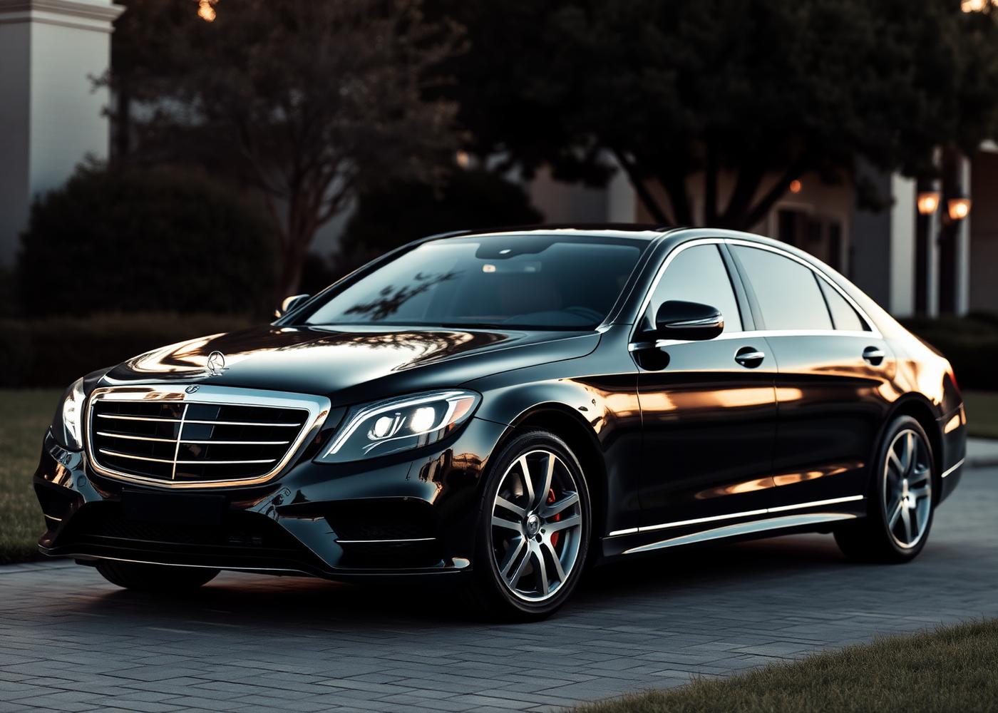 Polished black Mercedes S-Class on a private estate driveway