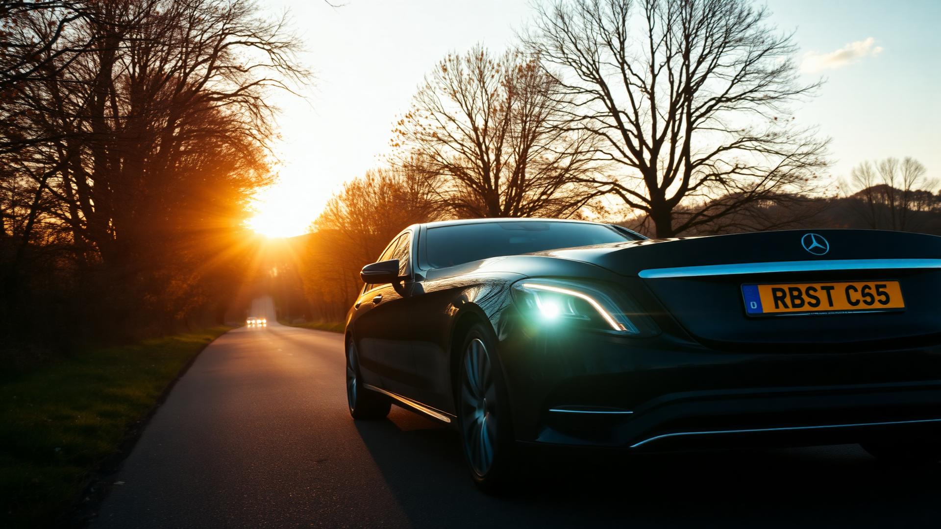 Luxury Mercedes chauffeur car on a Surrey countryside road at golden hour