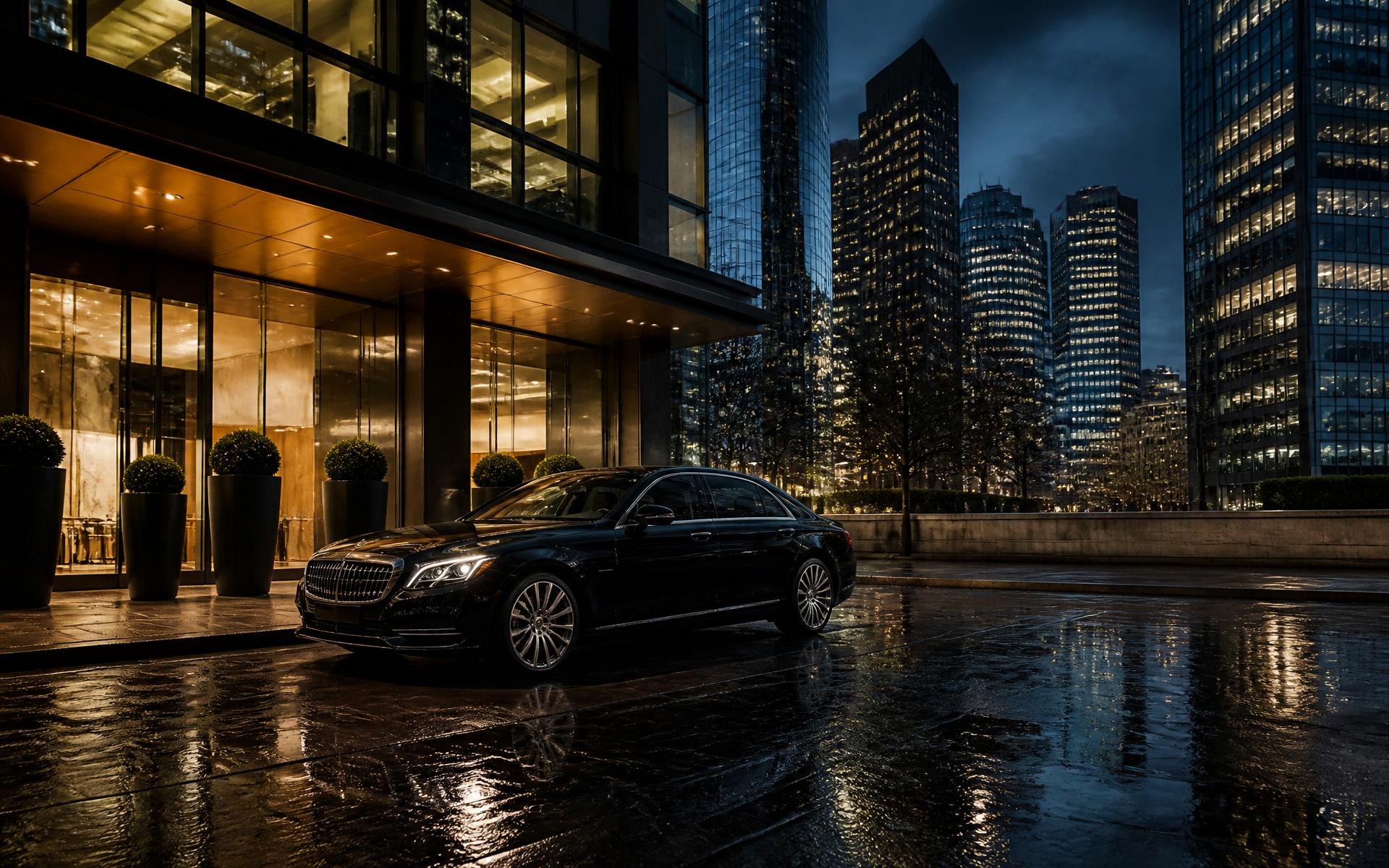 Mercedes executive chauffeur vehicle at dusk