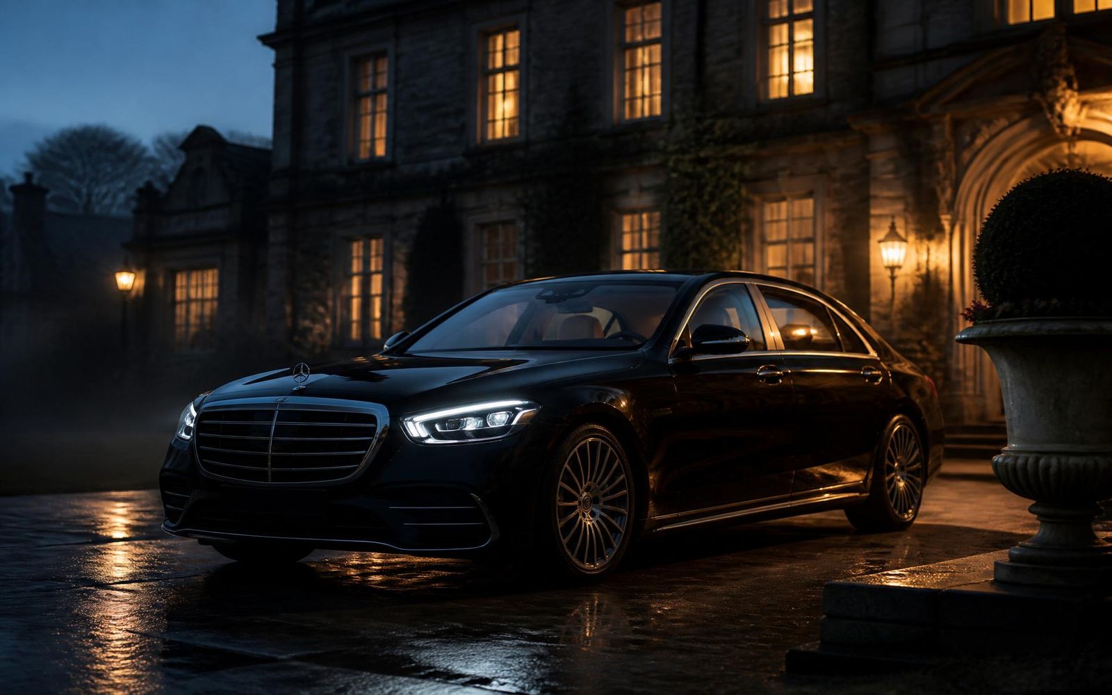 Executive chauffeur car outside a Surrey manor at dusk