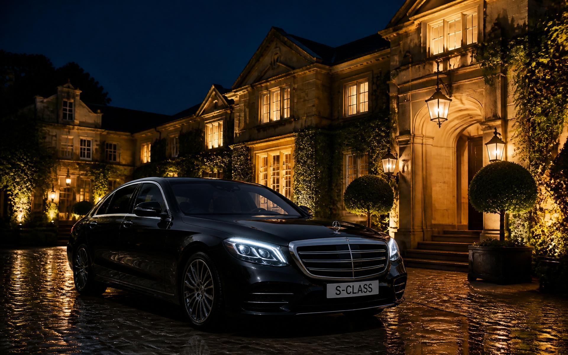 Executive Mercedes S-Class outside an illuminated Surrey country manor at dusk