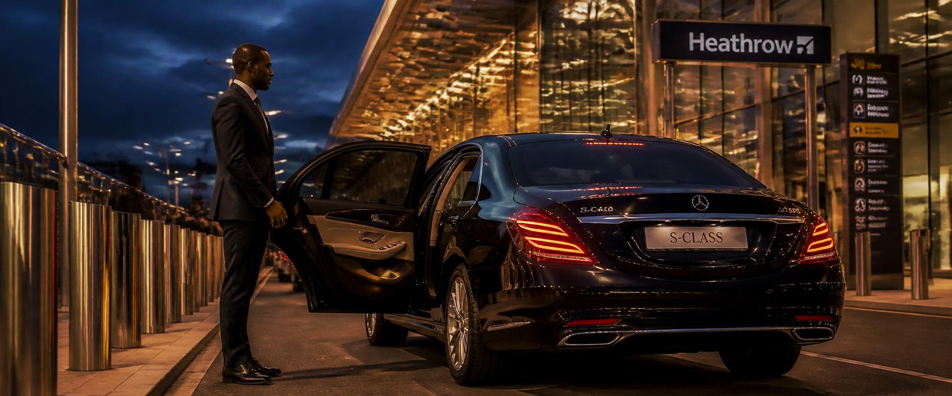 Premium Mercedes chauffeur waiting at Heathrow airport terminal