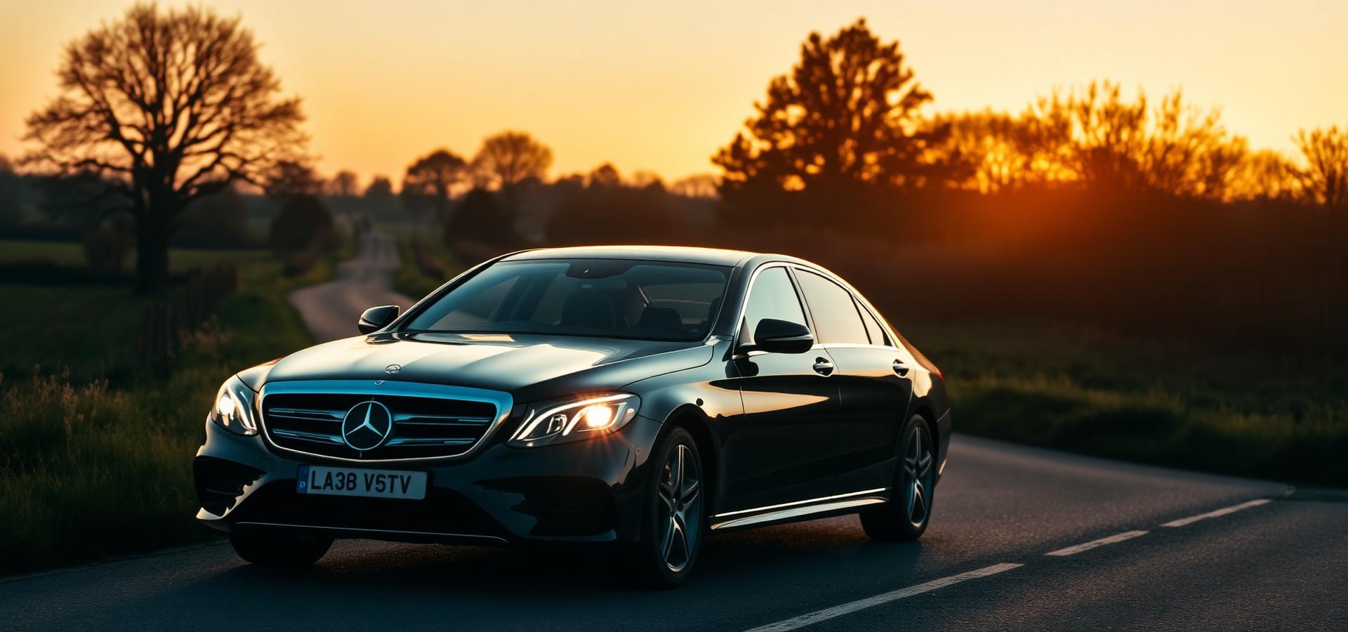 Luxury Mercedes on Surrey country road at sunset