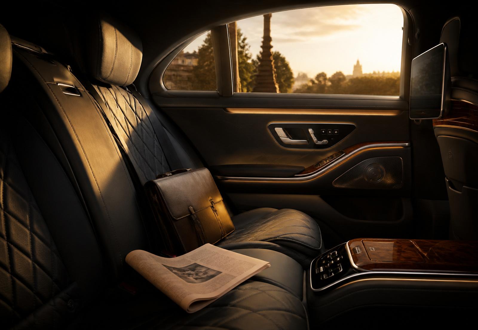 Professional chauffeur beside luxury Mercedes S-Class